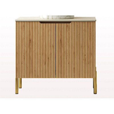 30" Freestanding Roma Travertine-Pattern Sintered Stone Counter Top And Natural Woodgrain Plywood Cabinet With Two Doors, NO Basin, NO Faucet And Sink Cover