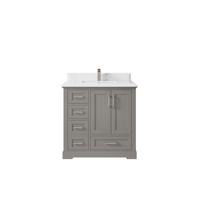 Boston 36 po X P 22 po Meuble-lavabo central D gris à peau d'éléphant avec bordure en quartz blanc, 1,5 PO – Empira