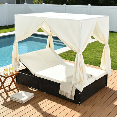 Outdoor Double Chaise Lounge Daybed With Curtains & Adjustable Backrest, Steel Frame Patio Sunbed