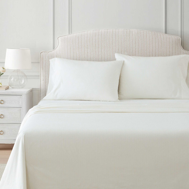 Martha Stewart Cotton Percale  Sheet Set, Full Sheet Set with 2 Pillowcases, Dottie Stripe Yellow