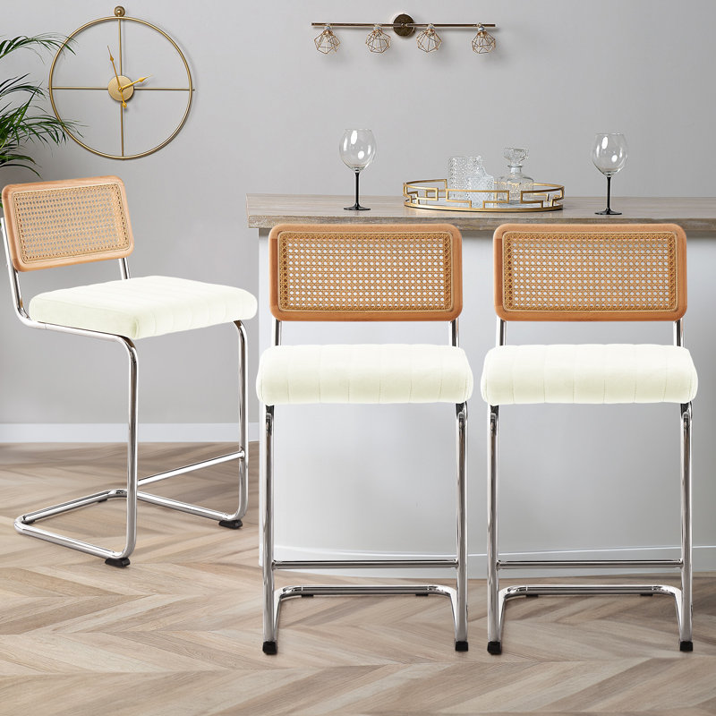 Georgios Velvet Upholstered Cane Back Bar & Counter Stool, White Velvet/ Silver Frame, Counter Stool (26" Seat Height)