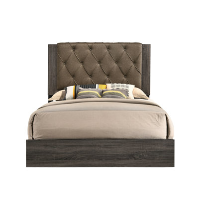 Rustic Gray Oak Finish, Button Fabric, Padded Headboard, Bed, Wooden Frame, Tapered Legs, 4 Slats, Box Spring Required Feature, Capacity Limit, Floor Gap Space Fabric Headboard Panel Bed In Brown,
