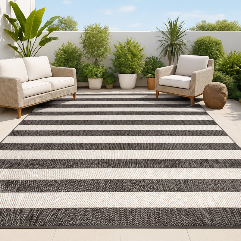 Hedya Two-Tone Wide Stripe Black/Beige Indoor/Outdoor Rug, Rectangle 4' x 6'