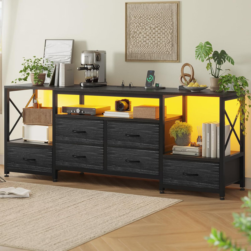 Console 63 po avec 6 tiroirs en tissu et tablettes ouvertes  , Gris foncé / Noir