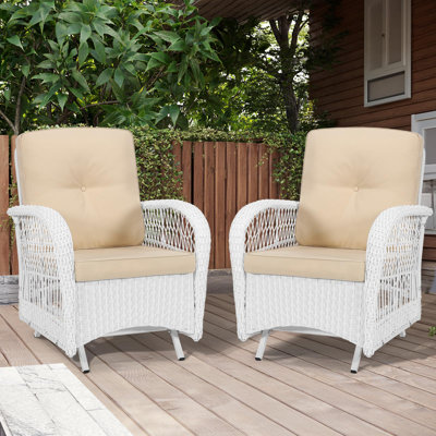 Meetwarm Patio Wicker Rocking Glider Set, All-Weather Outdoor Rattan Patio Rocking Chairs Of 2, Patio Conversation Set With Thickened Cushions For Porch Garden & Backyard, White Wicker