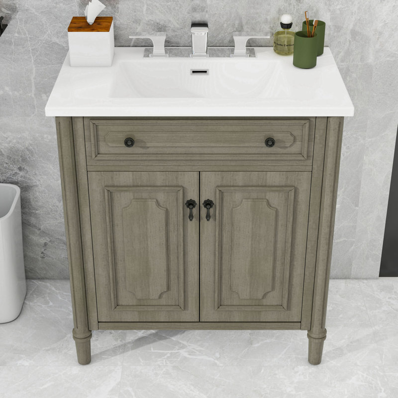 Meuble-lavabo contemporain avec lavabo en céramique élégant, tablettes réglables et portes à fermeture douce, Gris antique