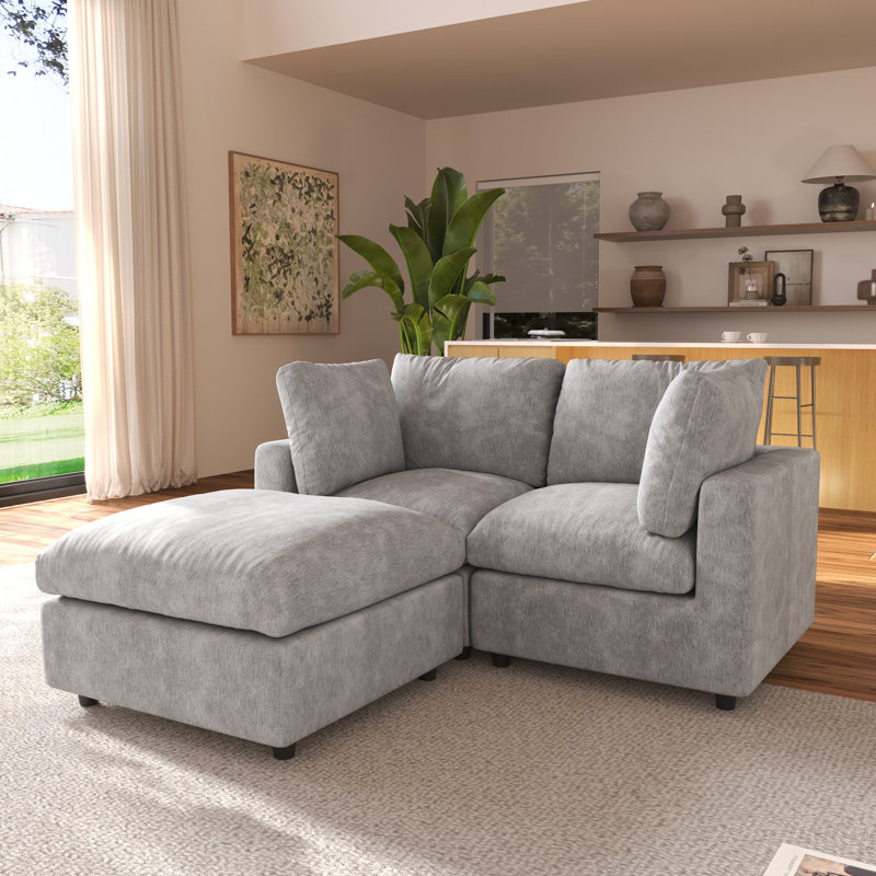 Kessi 67" Upholstered Slipcovered Loveseat Sofa With Ottoman, Light Gray