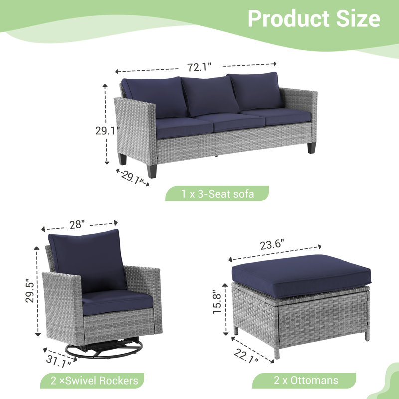 Arunasalam 5 - Person Outdoor Wicker Patio Conversation Furniture Set with Cushions and Rocking Swivel Chairs, Navy, Gray