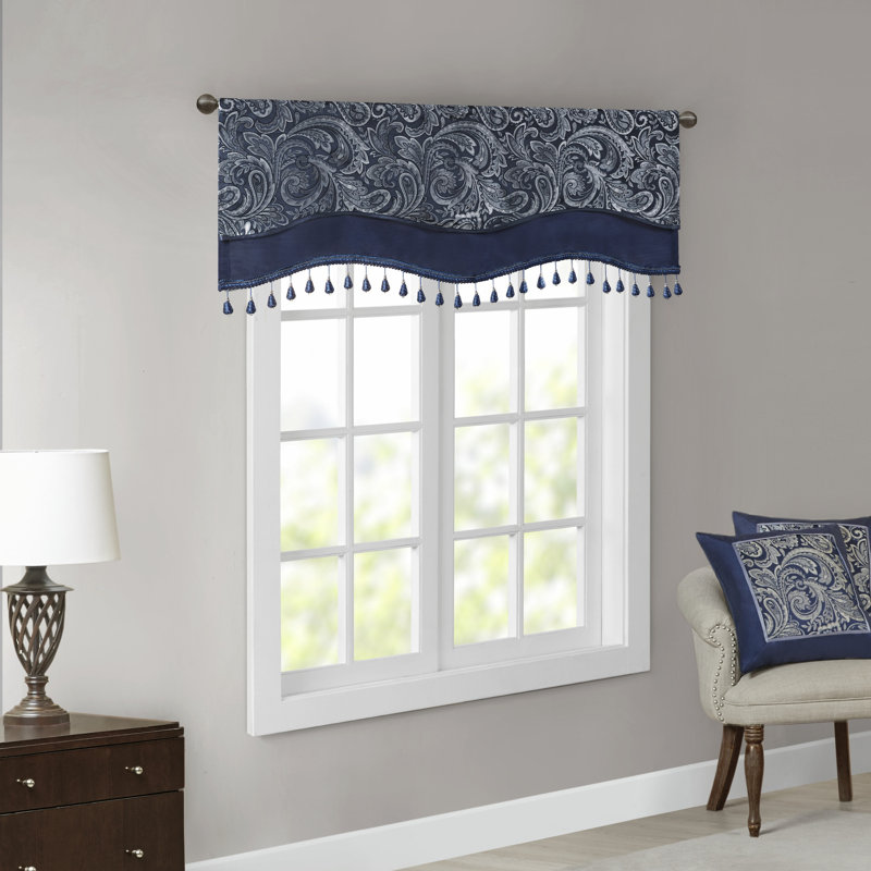 Navy Faux Silk Jacquard Beaded Window Valance