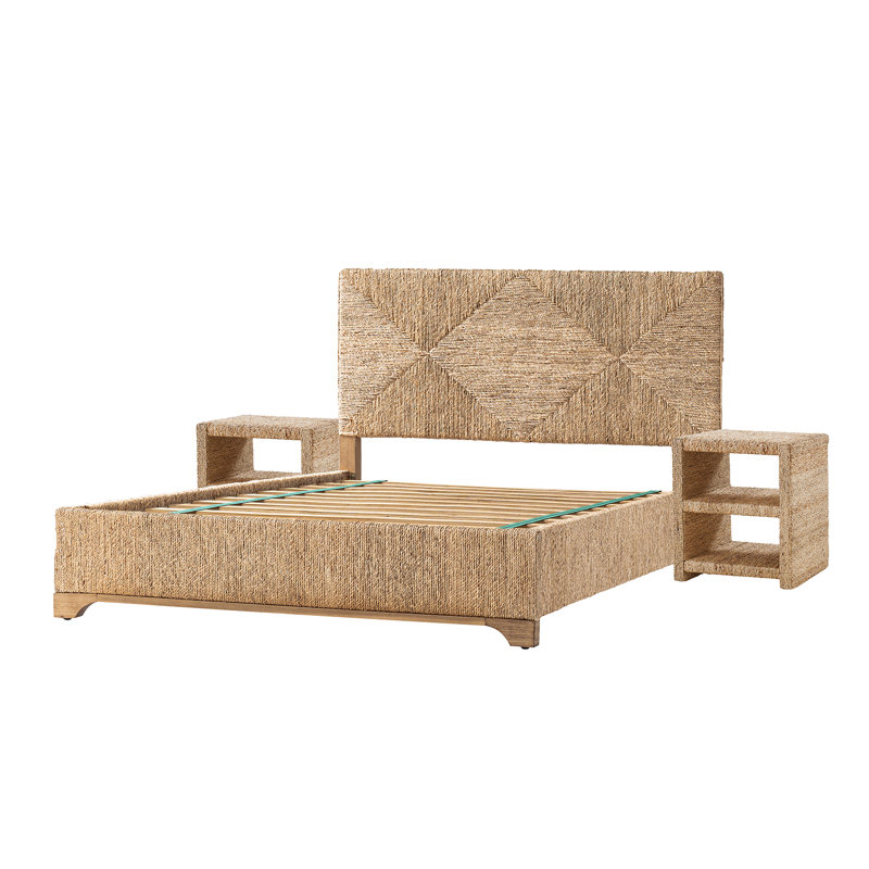 Ensemble de chambre à coucher en osier 3 pièces avec table de chevet et lit Cleonia, Grand