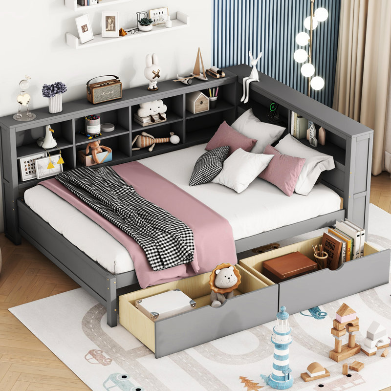 Lit de jour gris avec 2 commodes, 2 tiroirs de rangement et une caisse