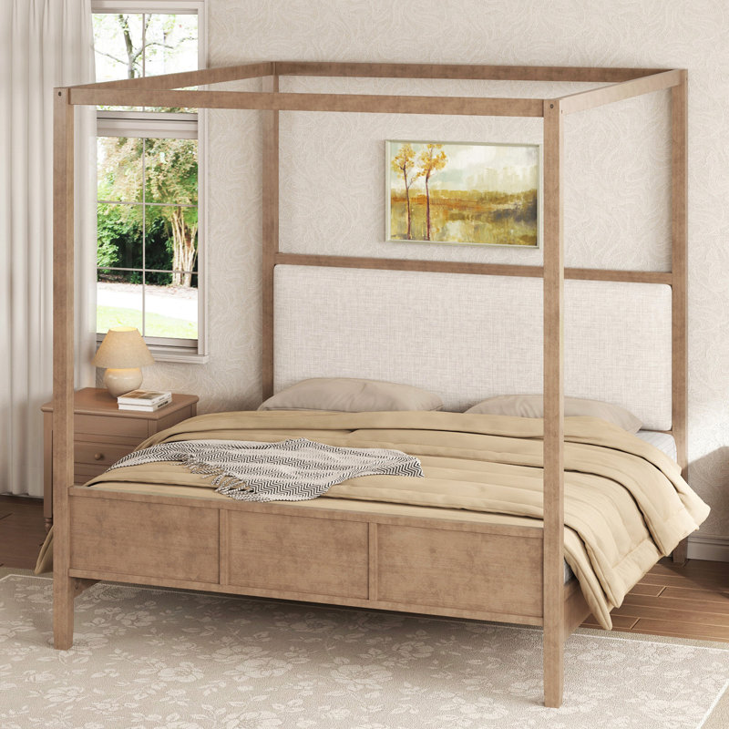 Très grand lit plateforme à baldaquin en bois avec tête de lit tapissier, sans sommier tapissier, noyer naturel