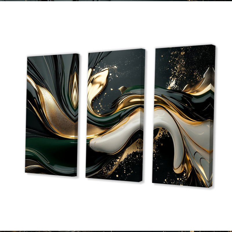 Or noir et noir captivant - ensemble d'art mural abstrait vagues modernes, 28" H x 36" W x 1" D, Wrapped Canvas
