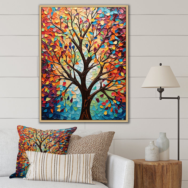 Arbre de harmonie américain coloré II - art mural arbre, Cadre flottant brun, H 60 po x l 28 po