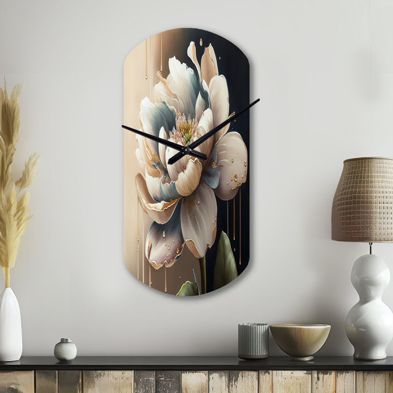 Crème fleur blanche - horloge murale asymétrique florale en métal, horloge murale cylindrique traditionnelle, Petit