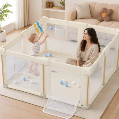 59"X71",Foldable Baby Playpen with Mat, Foldable Playpen for Babies and Toddlers, Folding Portable Kids Play Pen,White
