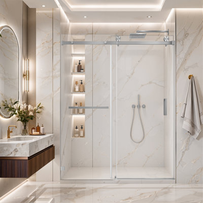 Porte de douche coulissante simple de 68 po à 73 po x H 80 po Kavrton, porte de douche sans cadre en nickel brossé, verre transparent trempé de 3/8 po (10 mm) certifié SGCC