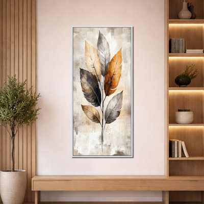 «Brown Grey Boho Leaves Brown - Botanical Large Wall Art, Tropical», reproduction sur toile encadrée