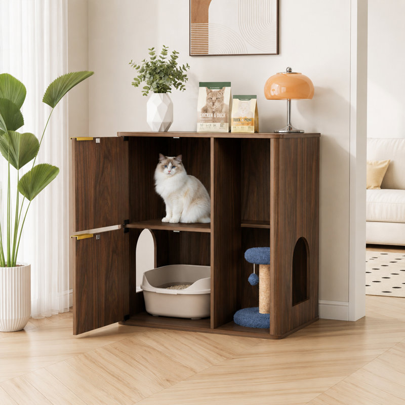 Enceinte de litière pour chat 31,5 "en noyer avec arbre à chat, deux portes et rangement, Brown