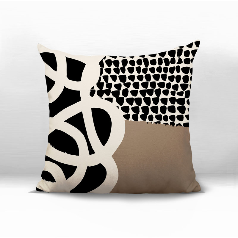 Oreiller carré réversible intérieur / extérieur Deo, Beige / noir / blanc cassé abstrait, H 17 po x l 17 po