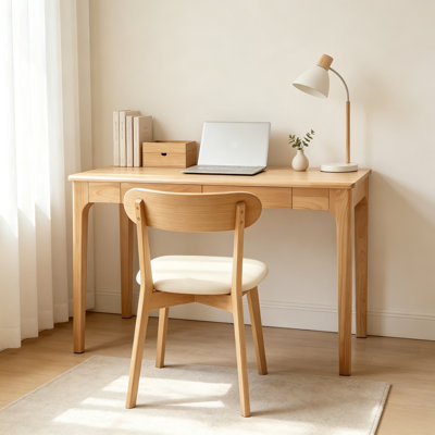Solid Wood Desk with Drawers, Standing Desk with Smooth Edges, Home Office Desk for Small Spaces, Mid Century Modern Desk for Study, Bedroom, Living Room, Office