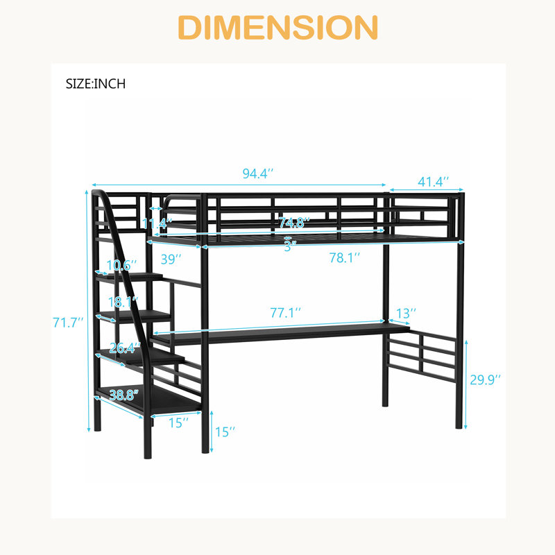 Structure de lit mezzanine en métal avec bureau, aucun sommier nécessaire, simple