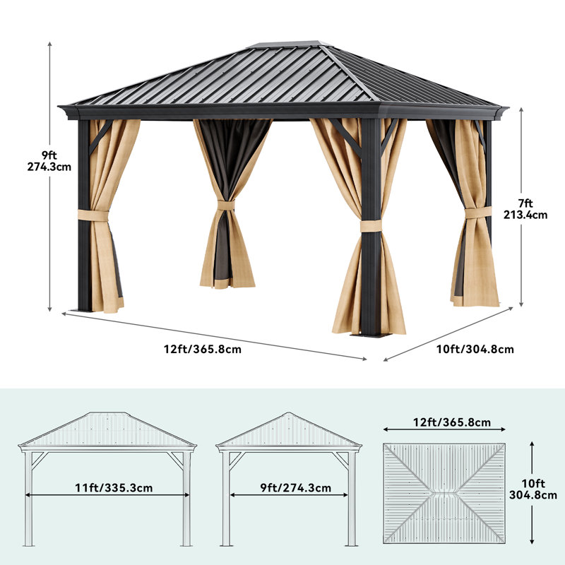 12 Ft. W x 10 Ft. D and 9.8 Ft. W x 9.8 Ft. D Aluminum Patio Gazebo, 108"H x 120"W x 144"D