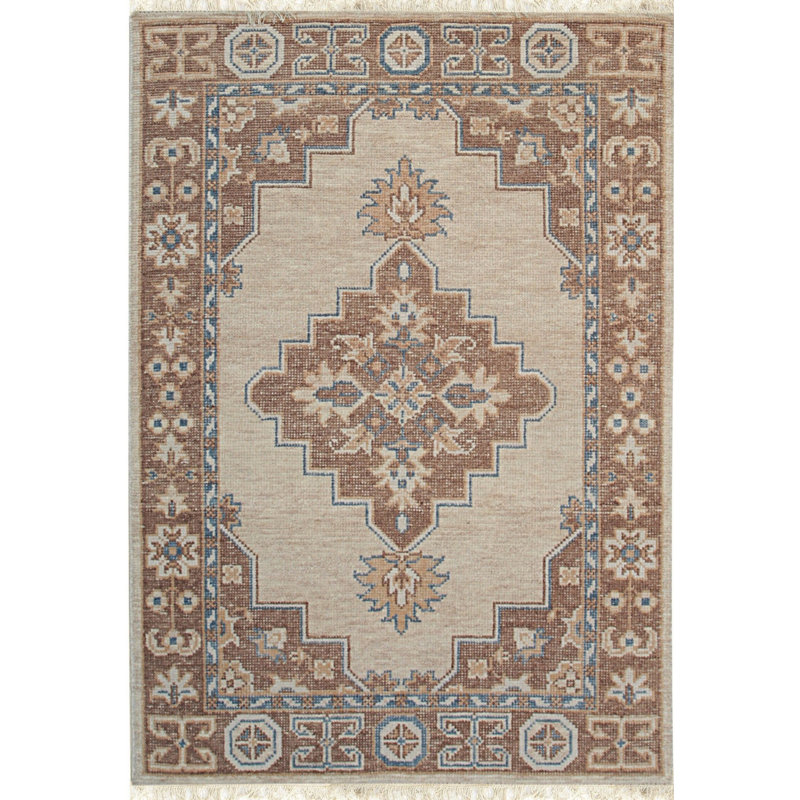 Ivory Hand-Knotted Wool Framed Medallion Geometric Modern Contemporary Carpet Rug, 6' x 9'