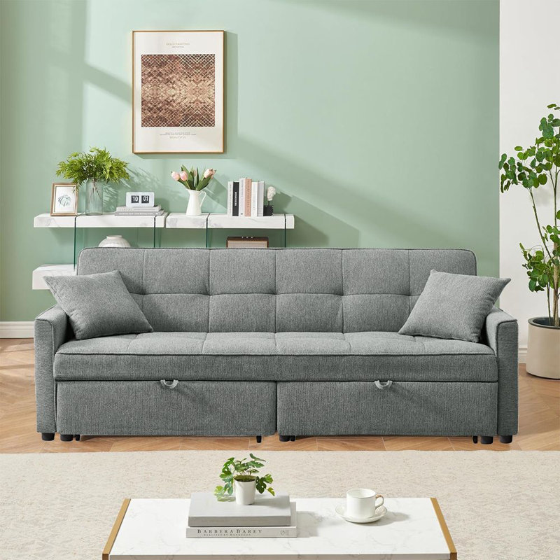 Tyjah 81” Large Size Fabric Sofa, 3-in-1 Multi-Functional Sofa Bed with Storage Space, Dark Gray
