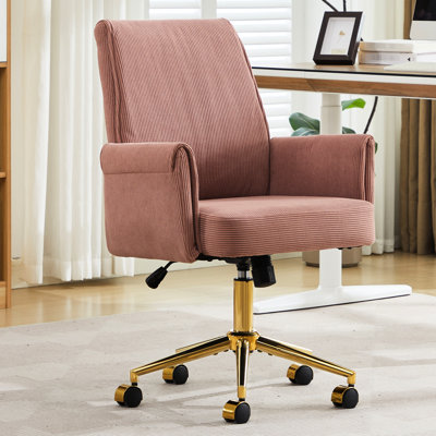 Fauteuil de bureau bleu à dossier mi-haut relevable en velours côtelé, conception ergonomique pour un meilleur confort lombaire et des coudes, base dorée, assise luxueuse et confortable de 23,35 pouces de largeur.
