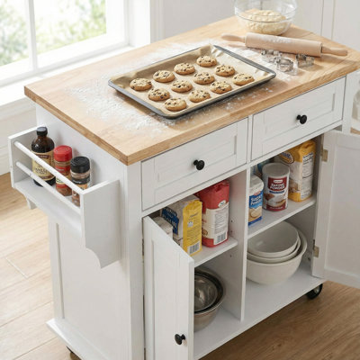 35.4" White Kitchen Island Cart with Solid Wood Top, Adjustable Shelves & Locking Wheels | Mobile Prep Station, Coffee Bar & Serving Cart