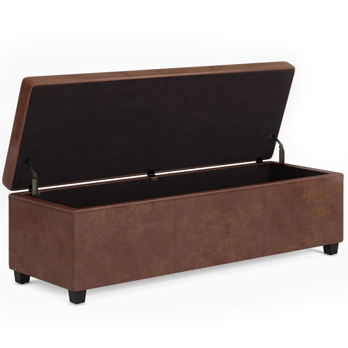 Distressed Saddle Brown Faux Leather Storage Ottoman Bench