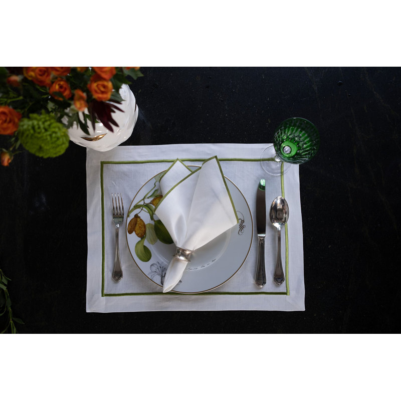 Linen Square Napkin, White/Green