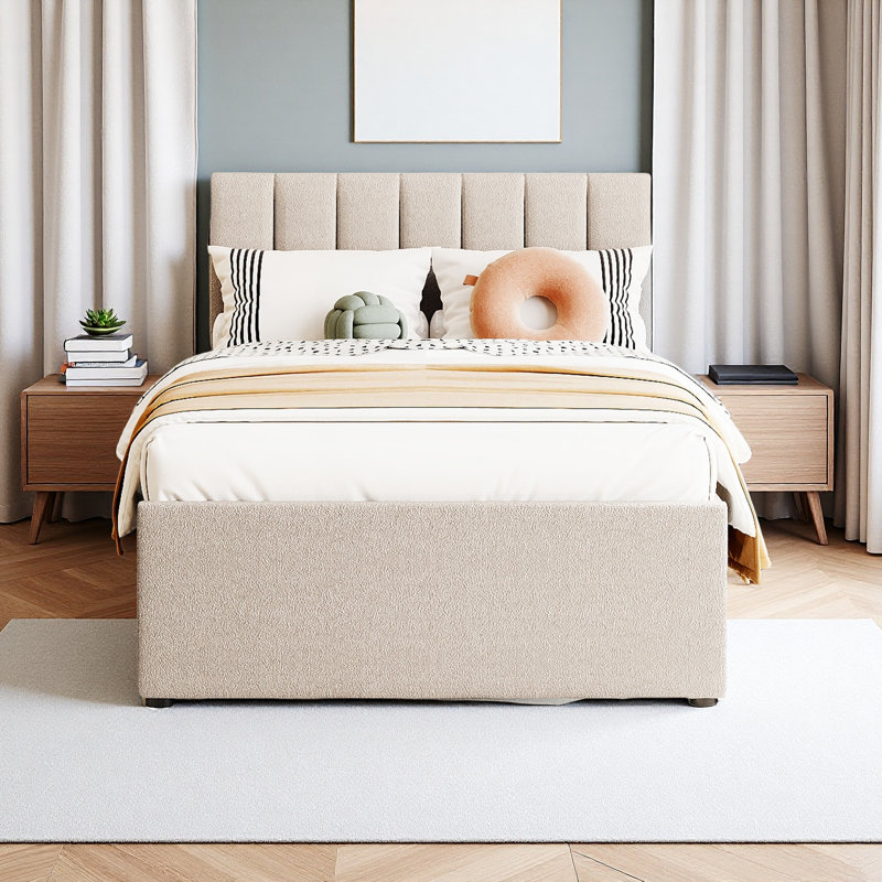 Lit plateforme tapissier simple avec lit gigogne Teddy, Beige