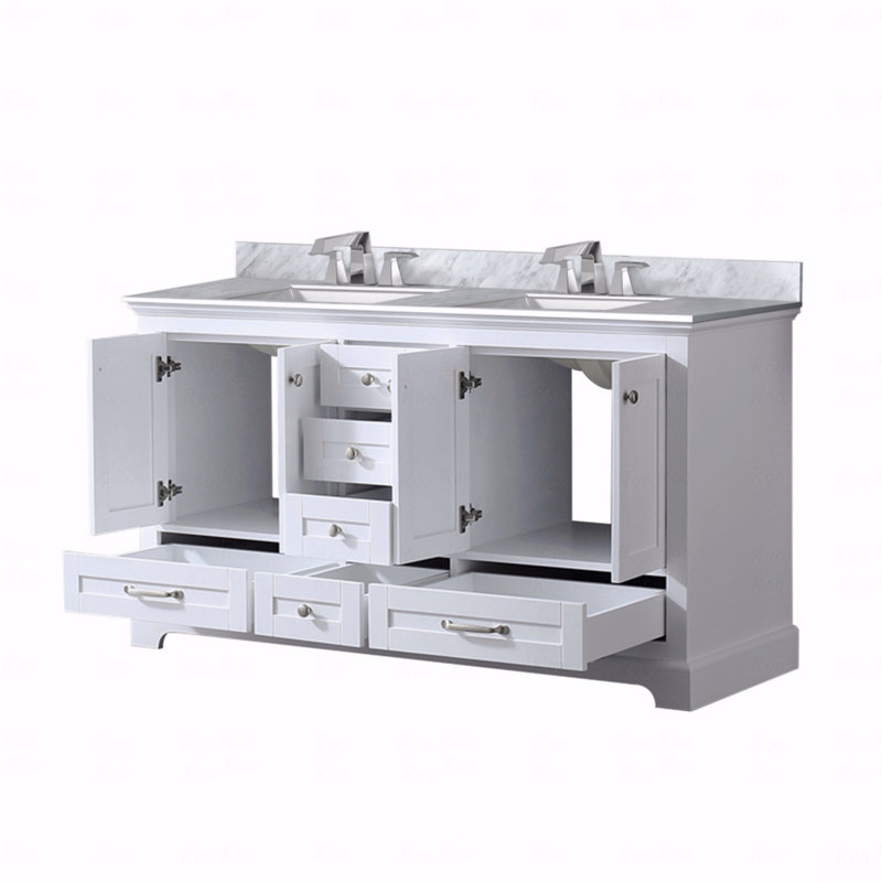 Double Basin Bathroom Vanity 60" Wide X 22" Deep, Carrara Marble Top, With Faucet Set, White, White Carrara Marble