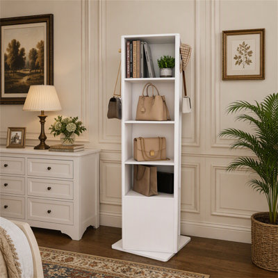 Armoire de maquillage rotative à 360 °, armoire à bijoux avec miroir pleine grandeur, armoire de rangement sur pied avec portemanteau, 4 tablettes ouvertes et 2 tablettes intégrées
