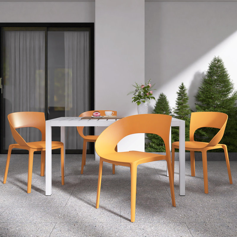 4-Person Patio Dining Set, Indoor & Outdoor Polypropylene Side Chairs with White Rectangular Table - Lightweight PP Tabletop with Metal Legs