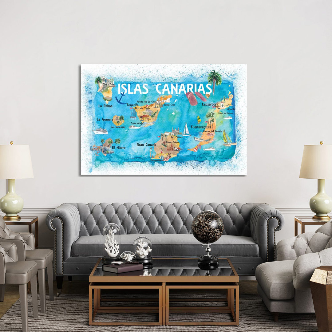 Canary Islands Illustrated Travel Map With Tenerife, Gran Canary, Lanzarote, Fuerteventura La Palma Gomera And Hierro by Markus & Martina Bleichner -