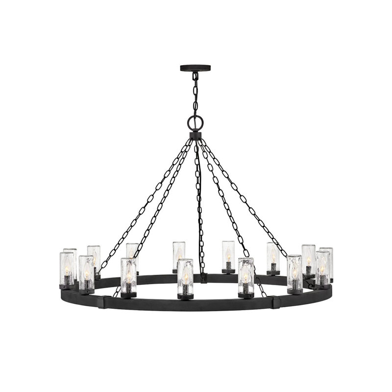 Sawyer 46" Fifteen-Light Outdoor Candle Chandelier w/ Clear Seedy Glass Shades