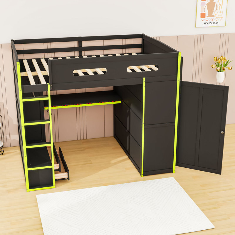 Full Size Loft Bed With Desk, RGB Light And USB Port, Green