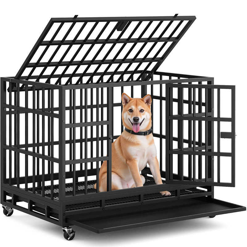 Black Folding Metal Dog Crate With Removable Tray, Escape-proof Cage Kennel With Lockable Wheels And Sturdy Locks