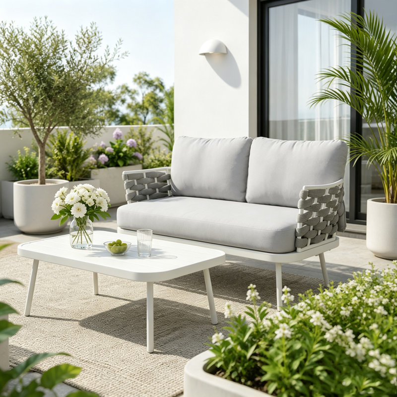 Causeuse et table en acier, Off-White+Grey