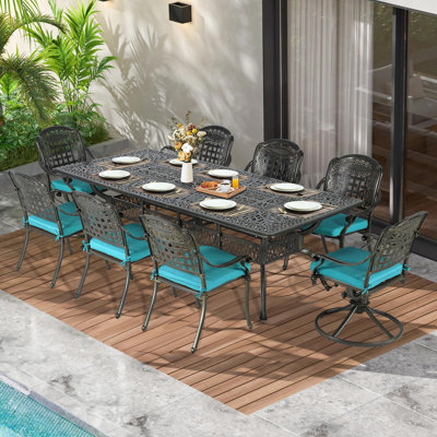 Meetwarm 9-Piece Outdoor Patio Dining Set For 8, All Weather Cast Aluminum Patio Funiture Table And Chairs Set- 94.5" Rectangular Table And 2 Swivel Rocker Chairs, 6 Stationary For Garden