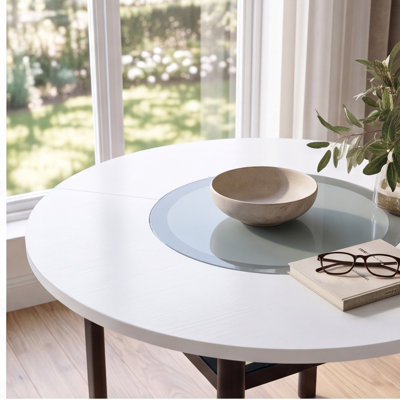 Table de salle à manger ronde moderne de 42 pouces, blanche avec incrustation de verre gris, pieds en métal noir, 4 à 6 places, tablette de rangement