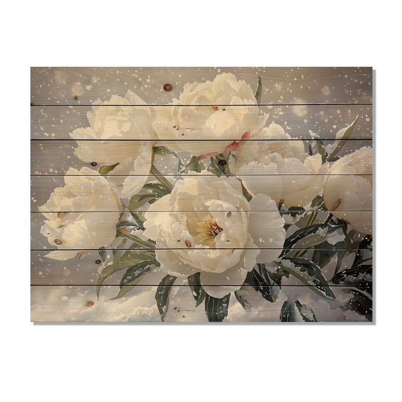 Pivoine enneigée I - impression de bois de pivoines - sur bois de pin naturel, H 30 po x l 40 po x P 0,78 po