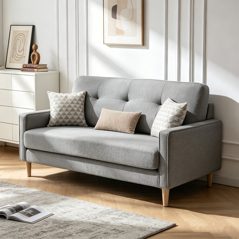 53" Modern Upholstered Loveseat Sofa with Tufted Backrest, Solid Wood Legs, Gray