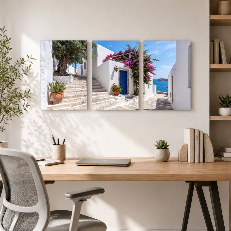 Ensemble de 3 toiles en pierre blanche menant à une porte bleue et rose, 30"H x 20"W x 3pcs