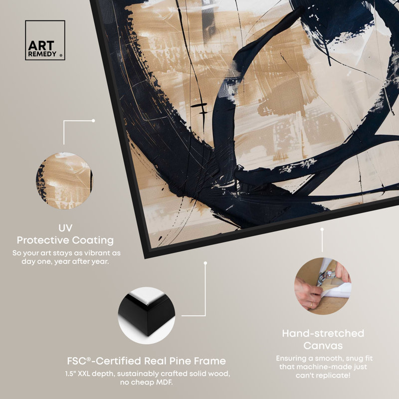 Black and Beige Abstract Canvas Art with Wooden Frame, 25" x 17"