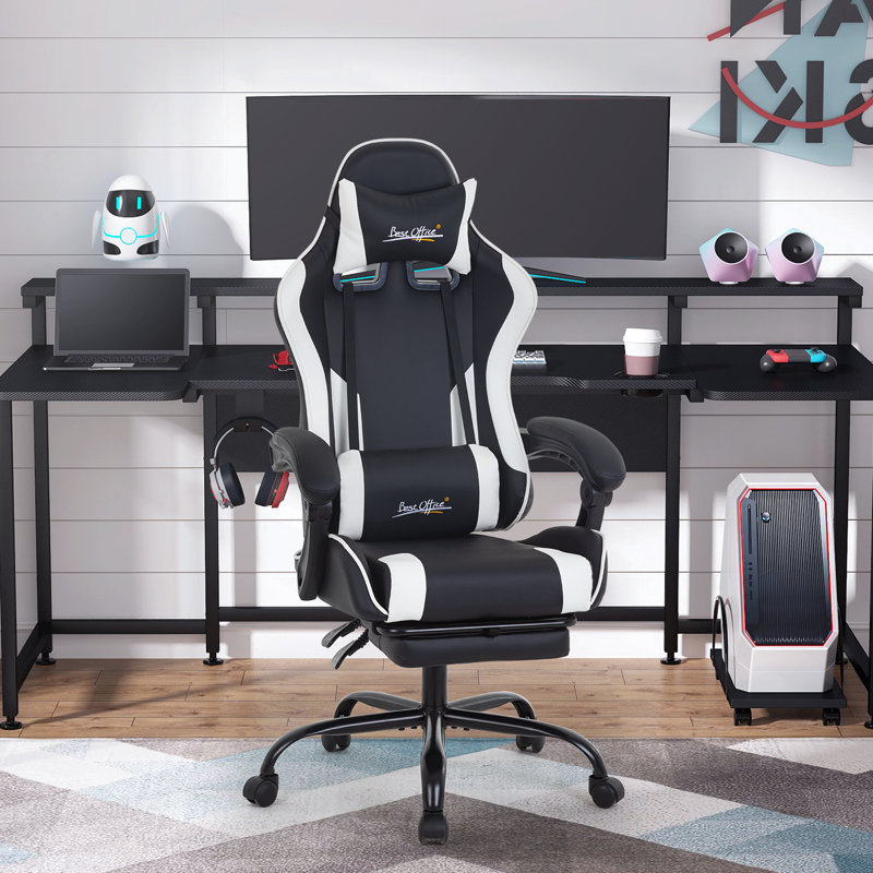 Fauteuil de jeu ergonomique en similicuir, Blanc / noir