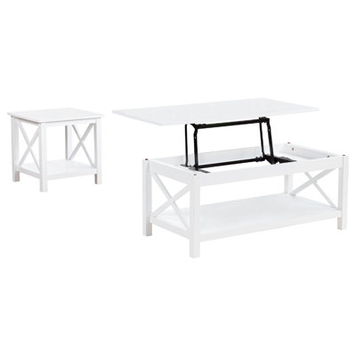 Yuzie Lift-Top Coffee and End Table Set, Hidden Storage, White Wood